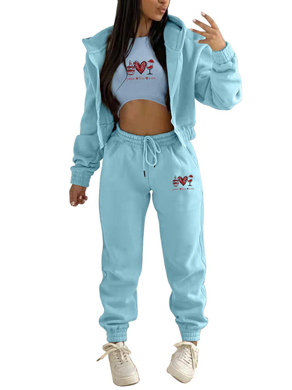 Women's Valentine's Day Christmas love wine glass printed hooded sports and leisure suit (three-piece set)