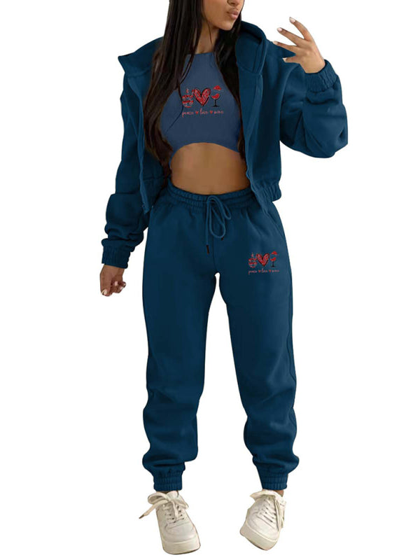 Women's Valentine's Day Christmas love wine glass printed hooded sports and leisure suit (three-piece set)