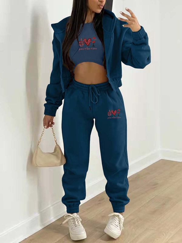 Women's Valentine's Day Christmas love wine glass printed hooded sports and leisure suit (three-piece set)