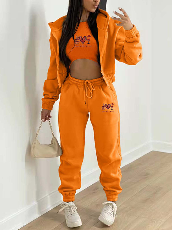 Women's Valentine's Day Christmas love wine glass printed hooded sports and leisure suit (three-piece set)