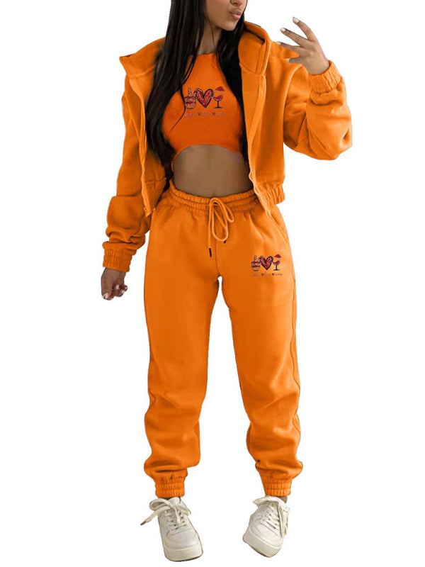 Women's Valentine's Day Christmas love wine glass printed hooded sports and leisure suit (three-piece set)