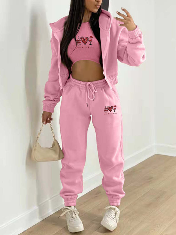 Women's Valentine's Day Christmas love wine glass printed hooded sports and leisure suit (three-piece set)