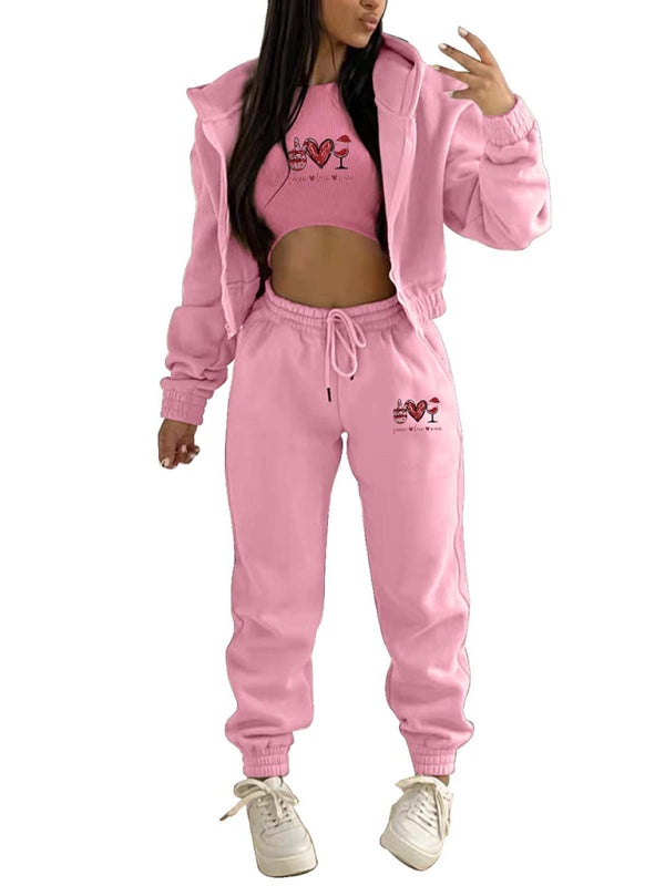 Women's Valentine's Day Christmas love wine glass printed hooded sports and leisure suit (three-piece set)