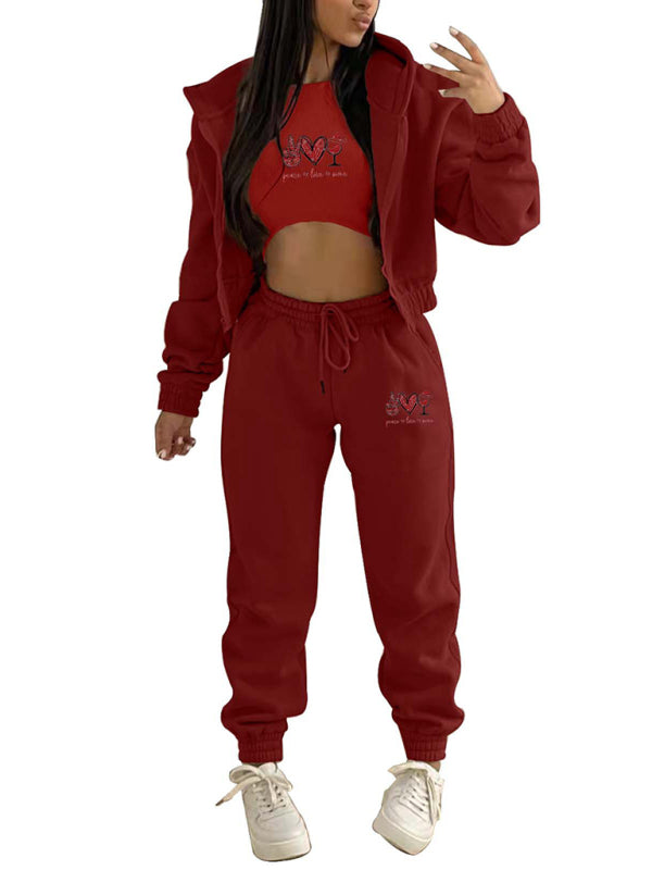 Women's Valentine's Day Christmas love wine glass printed hooded sports and leisure suit (three-piece set)