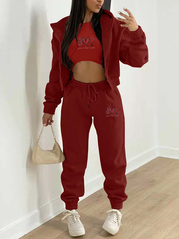 Women's Valentine's Day Christmas love wine glass printed hooded sports and leisure suit (three-piece set)