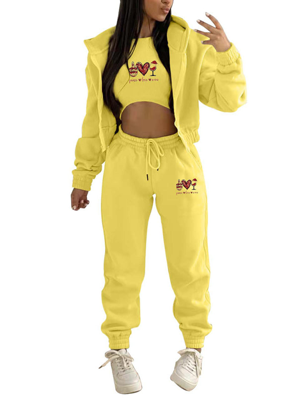 Women's Valentine's Day Christmas love wine glass printed hooded sports and leisure suit (three-piece set)