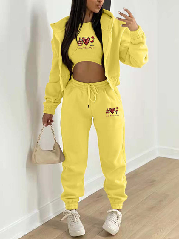 Women's Valentine's Day Christmas love wine glass printed hooded sports and leisure suit (three-piece set)