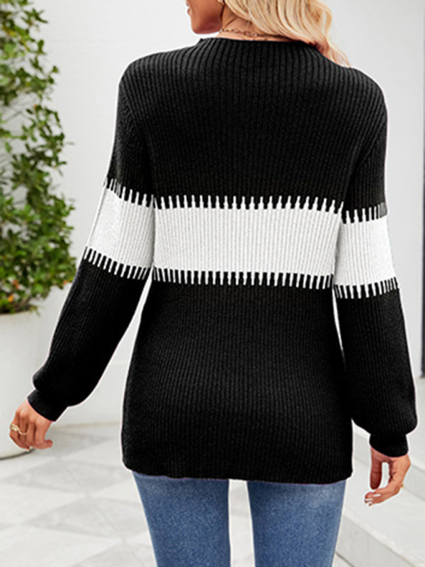Women's New Contrast Color Spliced Turtleneck Sweater