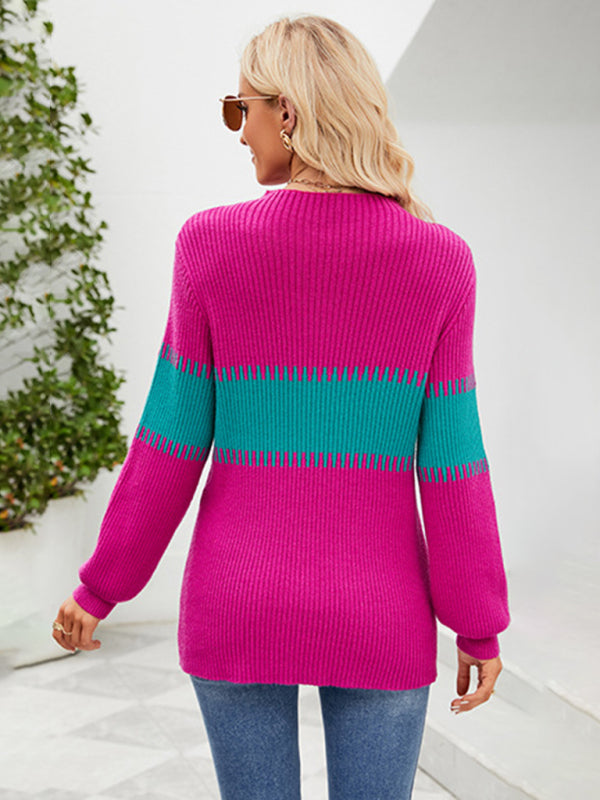Women's New Contrast Color Spliced Turtleneck Sweater