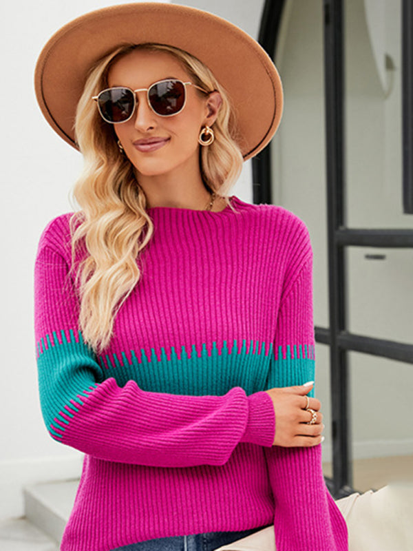 Women's New Contrast Color Spliced Turtleneck Sweater