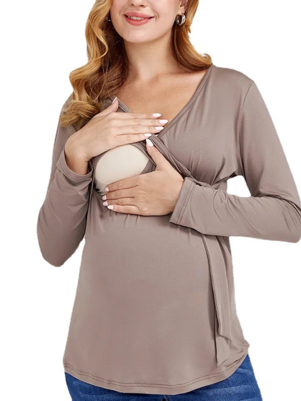 Women’s Chest Wrap Tie Maternity Nursing Blouse With Long Sleeves