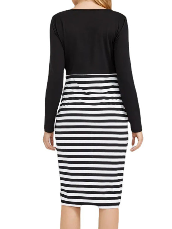 Women's Maternity long sleeve striped round neck dress