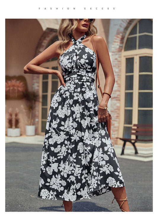 Halter Dress Fashion Cross Print Sling Dress