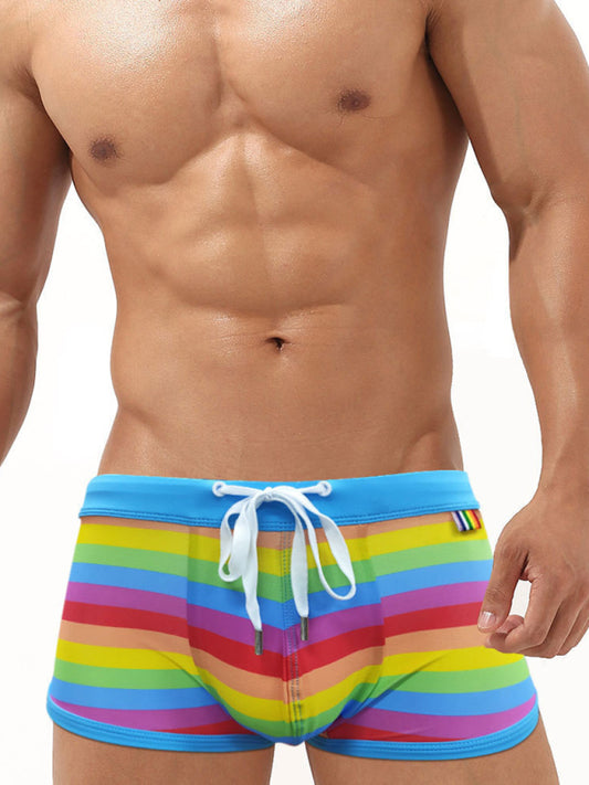 Men's Rainbow Fashion Tethered Slit Boxer Swim Shorts