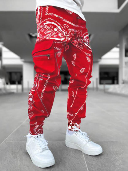 New printed cashew flower harem pants men's loose high street multi-pocket overalls