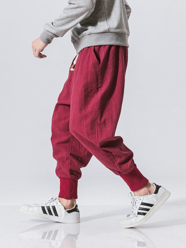 Linen Pants Men's Hip Hop Breathable Cotton Linen Trousers Solid Color Bloomers Casual Pants