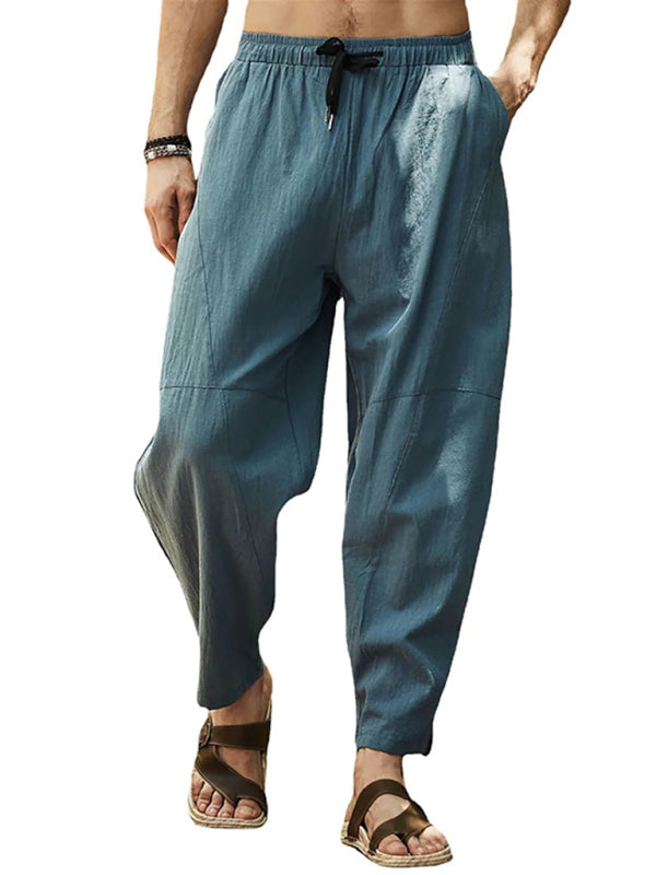 Men's casual loose cotton and linen drawstring hip-hop lantern pencil pants