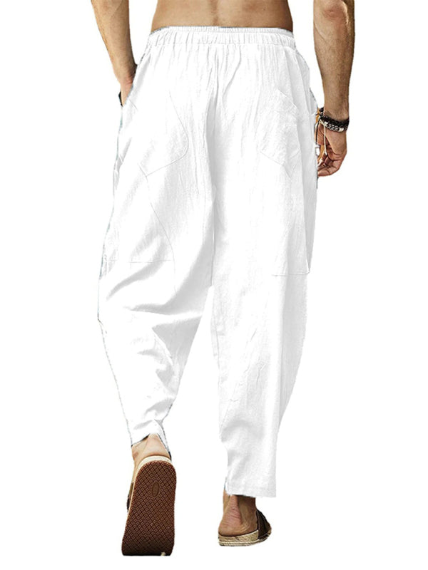 Men's casual loose cotton and linen drawstring hip-hop lantern pencil pants