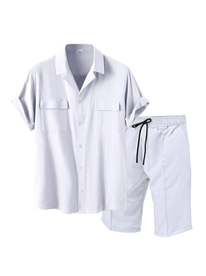 New men's new lapel casual shirt shorts two-piece set