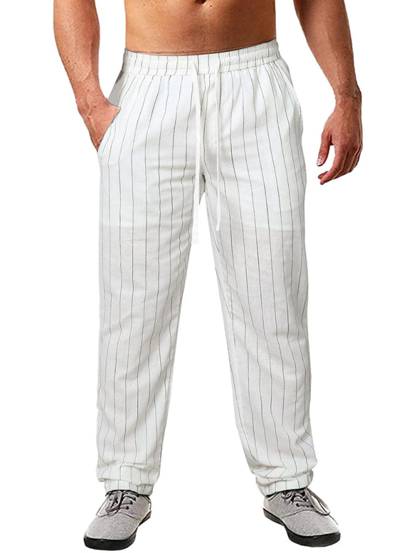 Men's vertical striped lace-up elastic waist beach pants casual trousers