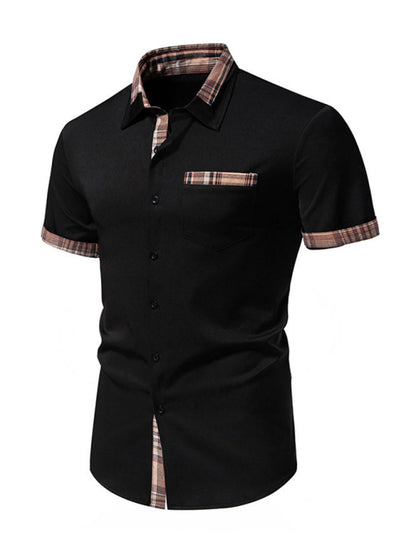 Men's Casual Collar Buttoned Plaid Color Block Short Sleeve Shirt