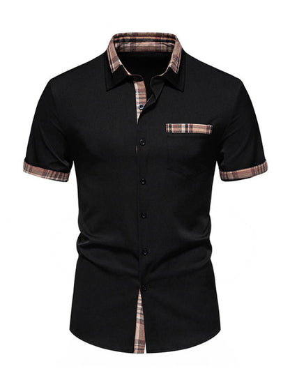 Men's Casual Collar Buttoned Plaid Color Block Short Sleeve Shirt