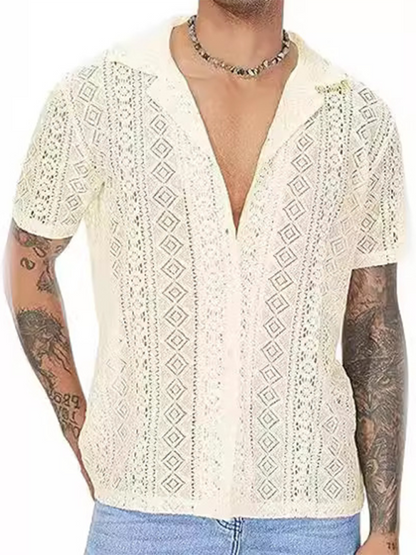 New fashionable lace floral button hollow see-through short-sleeved shirt