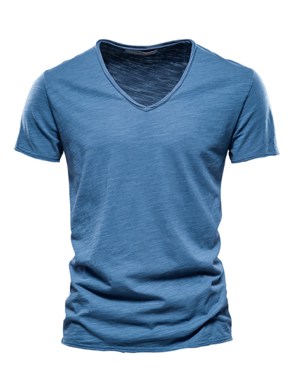 Men's New Solid Color Slub Cotton V-Neck Short Sleeve T-Shirt