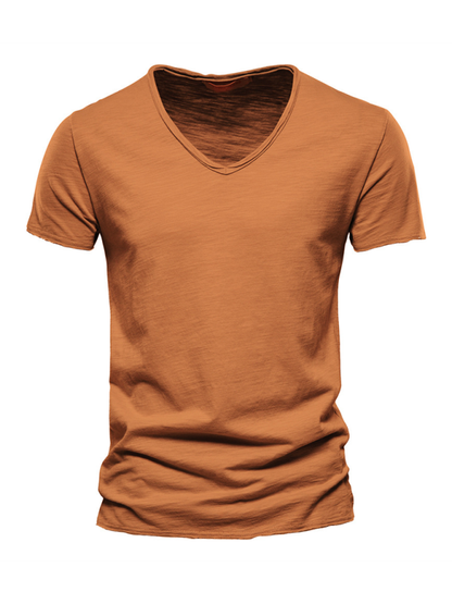 Men's New Solid Color Slub Cotton V-Neck Short Sleeve T-Shirt