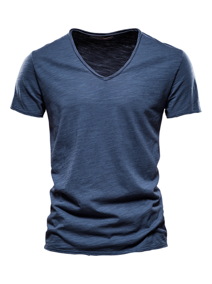 Men's New Solid Color Slub Cotton V-Neck Short Sleeve T-Shirt