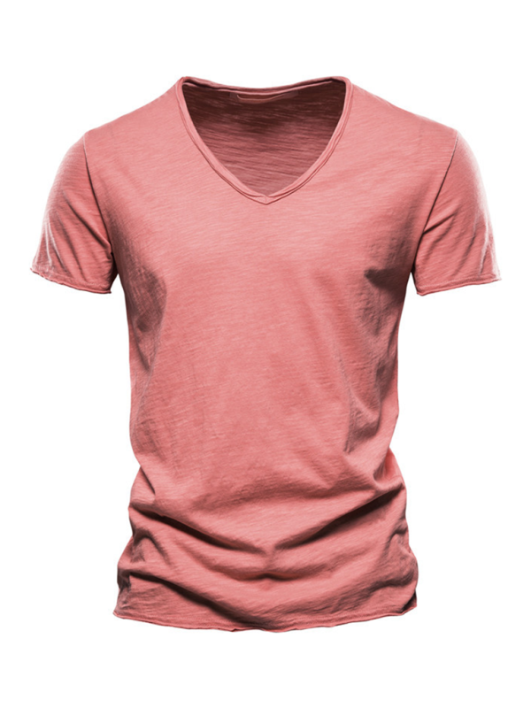 Men's New Solid Color Slub Cotton V-Neck Short Sleeve T-Shirt