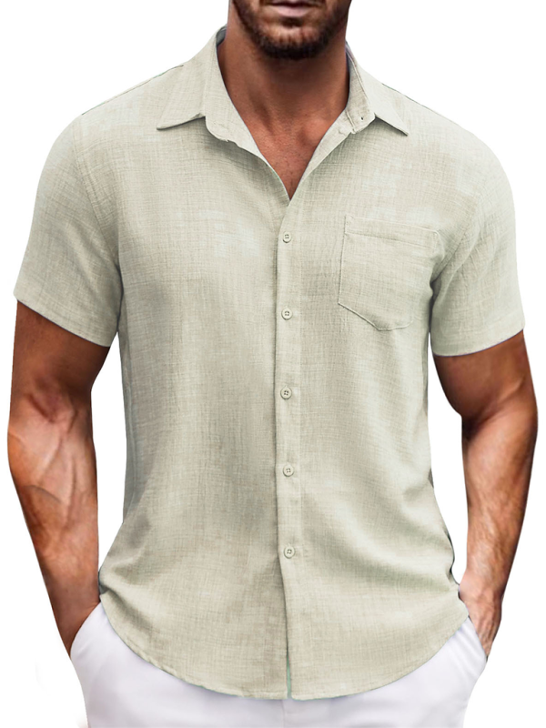 New solid color lapel pocket short sleeve casual men's shirt