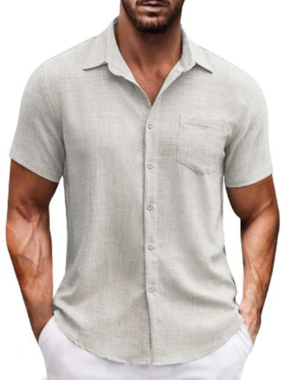 New solid color lapel pocket short sleeve casual men's shirt