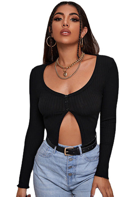 Women'S Sexy Button Crop Long Sleeve Top