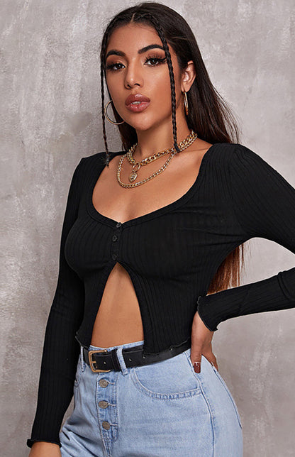 Women'S Sexy Button Crop Long Sleeve Top