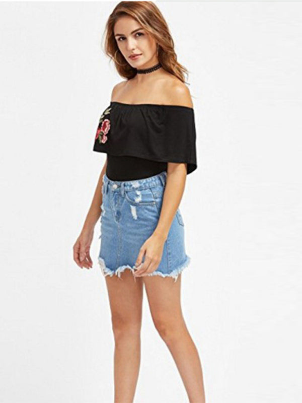 Women's ripped fringed loose sexy denim skirt