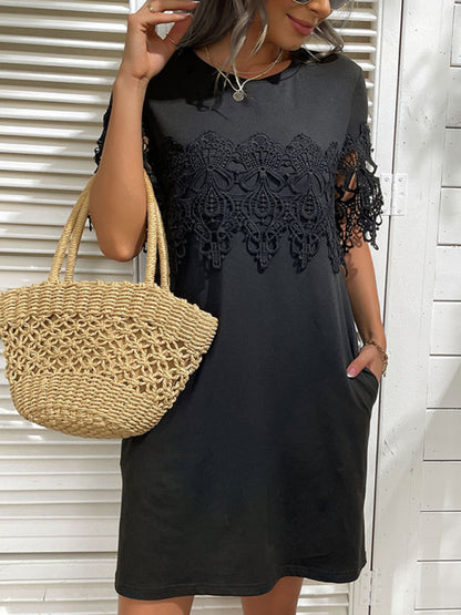 Women's Short Sleeve T-Shirt Dress Loose Lace Stitching Black Dress