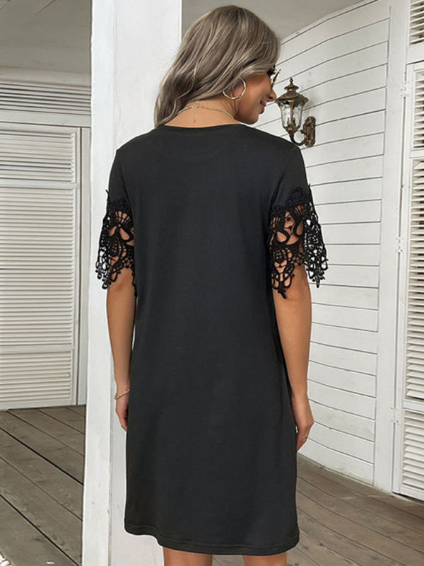 Women's Short Sleeve T-Shirt Dress Loose Lace Stitching Black Dress