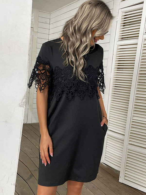 Women's Short Sleeve T-Shirt Dress Loose Lace Stitching Black Dress