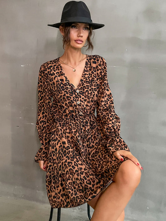 Leopard Print Buttoned Long Sleeve Dress