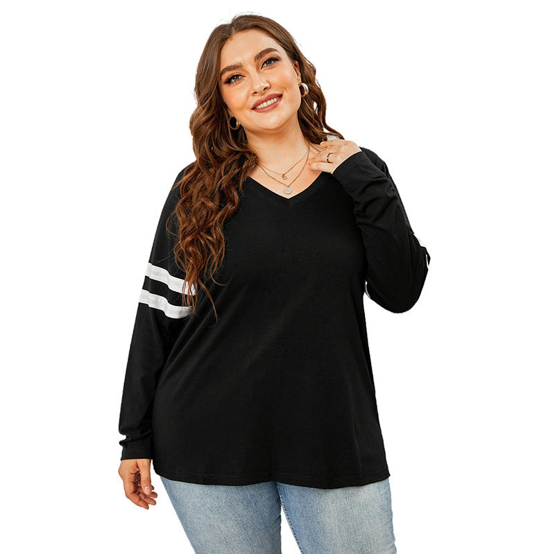 plus size loose long -sleeved V -neck sleeve top