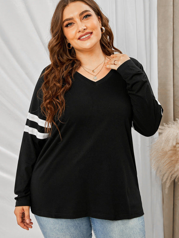 plus size loose long -sleeved V -neck sleeve top