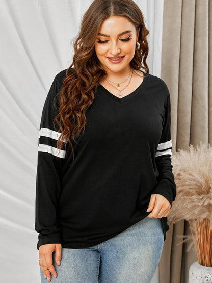 plus size loose long -sleeved V -neck sleeve top