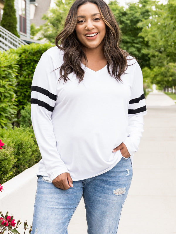 plus size loose long -sleeved V -neck sleeve top