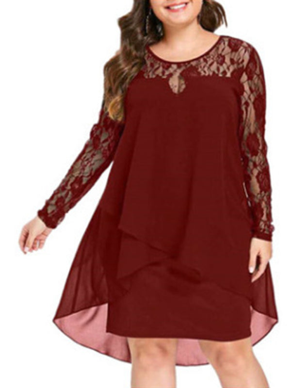 Plus size lace sleeve long sleeve splicing round neck irregular chiffon dress