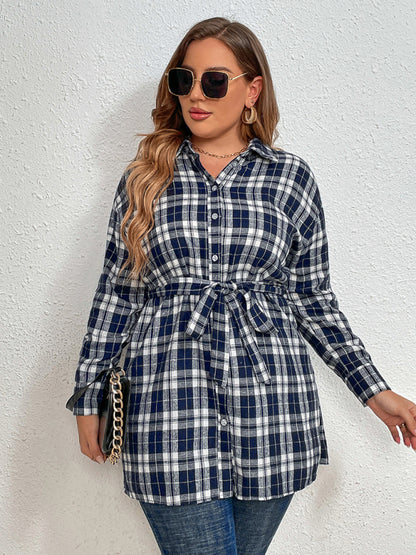 Plus size new plaid tie lapel long-sleeved shirt jacket