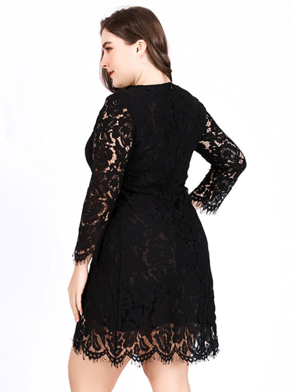 Plus  size lace dress women's round neck hook flower hollow long-sleeved sexy skirt pencil skirt