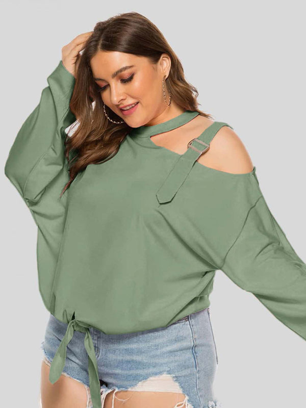 Plus size women's clothing -Shoulder Strap Hollow Bow Long Sleeve Slanted Shoulder T-Shirt