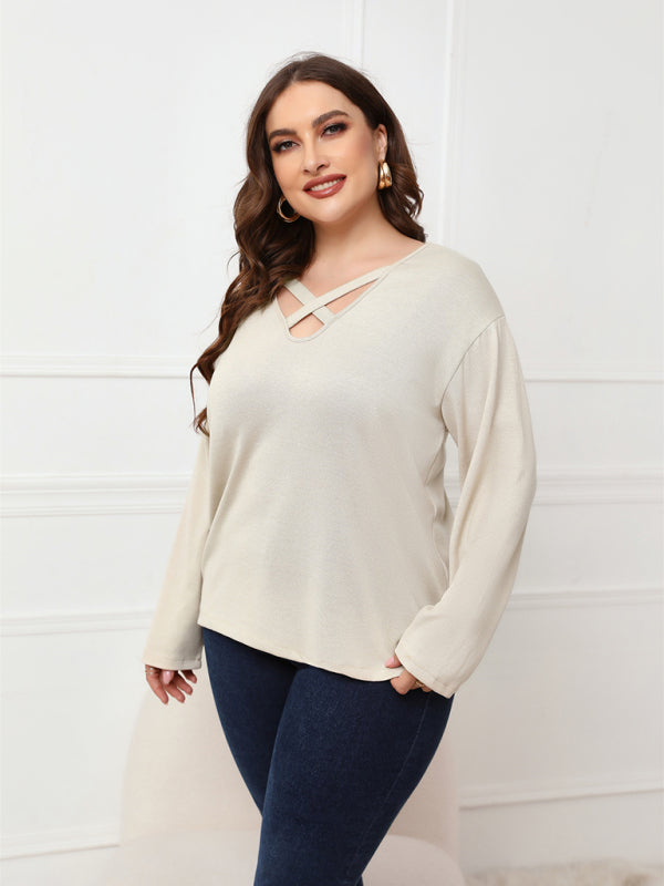 Women's Solid Color Off Neck Plus Size Long Sleeve Top