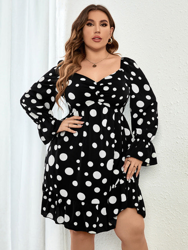 Plus size polka dot casual waist long sleeve dress